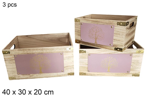 [115956] Pack 3 vintage wooden boxes decorated purple tree 40x30x20 cm