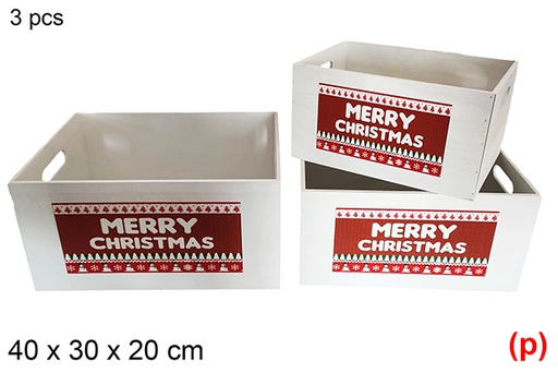 [115986] Pack 3 caissettes en bois blanches décorées Merry Christmas 40x30x20 cm