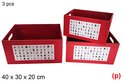 [115987] Pack 3 caisses en bois rouges décorées d'arbres 40x30x20 cm