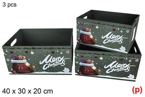 [115988] Pack 3 green wooden boxes decorated Merry Christmas 40x30x20 cm