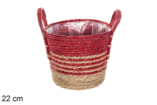 [115997] Cesta seagrass forrada natural/rojo con asas 22 cm