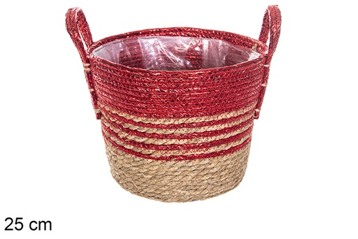 [115998] Panier jonc de mer doublé naturel/rouge avec anses 25 cm