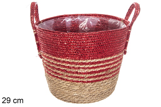 [115999] Panier jonc de mer doublé naturel/rouge avec anses 29 cm