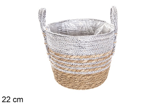 [116000] Cesta seagrass forrada natural/plata con asas 22 cm