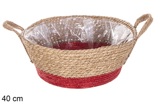 [116016] Panier jonc de mer doublé naturel/rouge avec anses 40 cm