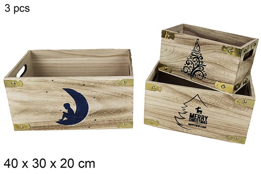 [116020] Pack 3 caisses en bois vintage décorées de Noël assorties 40x30x20 cm