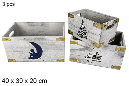 [116021] Pack 3 caissettes en bois blanches décorées Noël assorties 40x30x20 cm