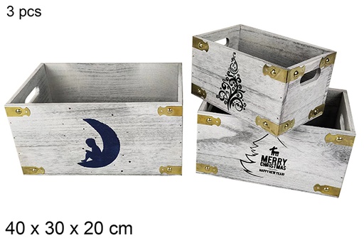 [116021] Pack 3 cajas madera blanca decorado Navidad surtida 40x30x20 cm