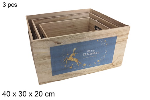 [116022] Pack 3 caisses bois vintage décor cerf bleu 40x30x20 cm