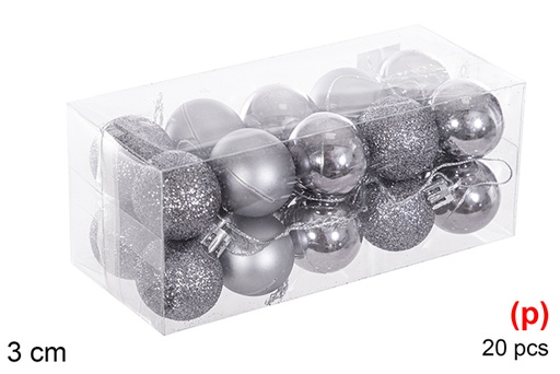 [116108] Pack 20 boules grises brillantes/mates/pailletées 3 cm