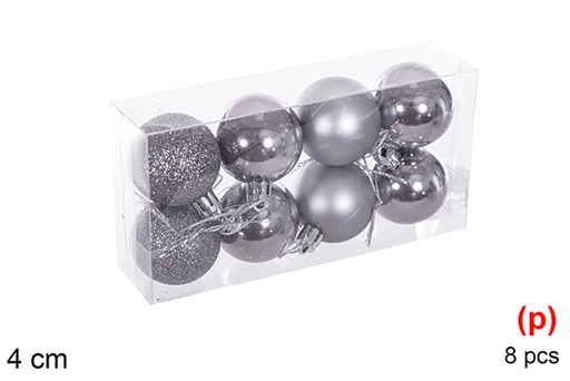 [116120] Pack 8 boules grises brillantes/mates/pailletées 4 cm