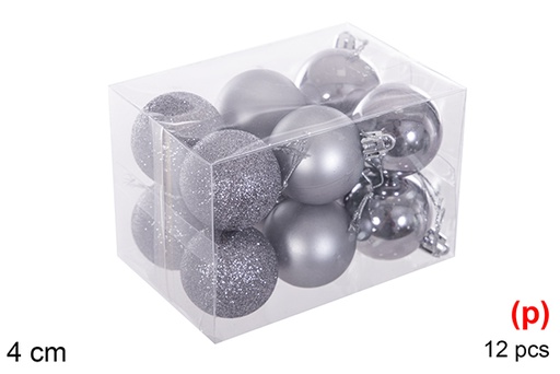 [116132] Pack 12 boules gris brillant/mat/purpurin 4 cm