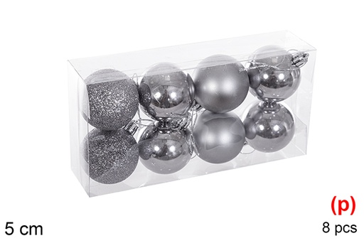 [116162] Pack 8 boules grises brillantes/mates/pailletées 5 cm