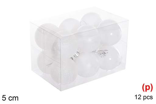 [116172] Pack 12 boules blanches brillantes/mates/pailletées 5 cm