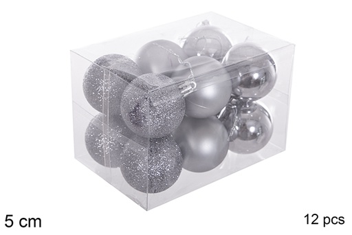 [116174] Pack 12 boules gris brillant/mat/purpurin 5 cm