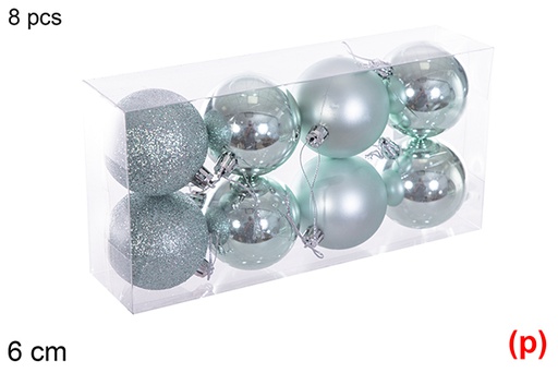 [116200] Pack 8 boules vert menthe brillant/mat/paillettes 6 cm