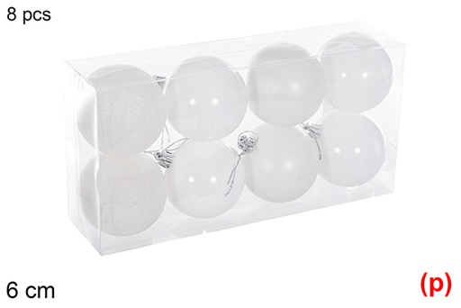 [116202] Pack 8 boules blanches brillantes/mates/pailletées 6 cm