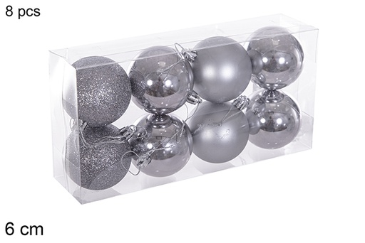 [116204] Pack 8 boules grises brillantes/mates/pailletées 6 cm