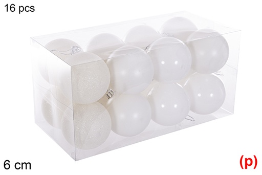 [116220] Pack 16 boules blanches brillantes/mates/pailletées 6 cm