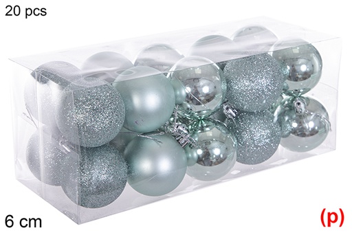 [116230] Pack 20 boules vert menthe brillant/mat/paillettes 6 cm