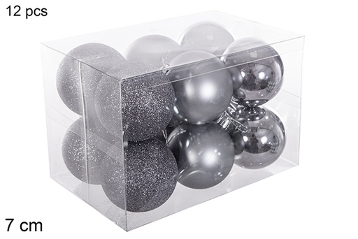 [116258] Pack 12 boules grises brillantes/mates/pailletées 7 cm