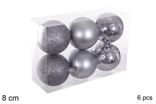 [116281] Pack 6 boules grises brillantes/mates/pailletées 8 cm