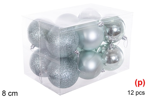 [116295] Pack 12 boules vert menthe brillant/mat/paillettes 8 cm