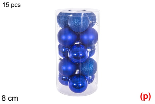 [116307] Pack 15 boules bleues brillantes/mates/pailletées en cylindre 8 cm