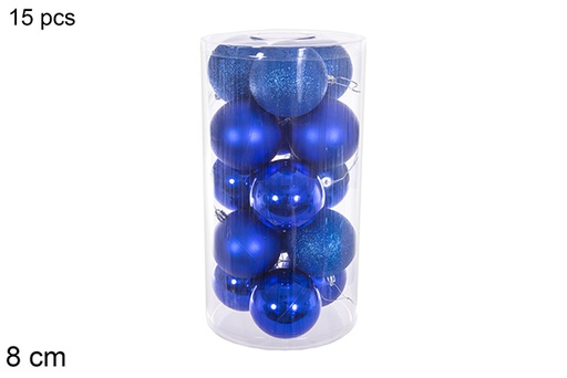 [116307] Pack 15 boules bleues brillantes/mates/pailletées en cylindre 8 cm