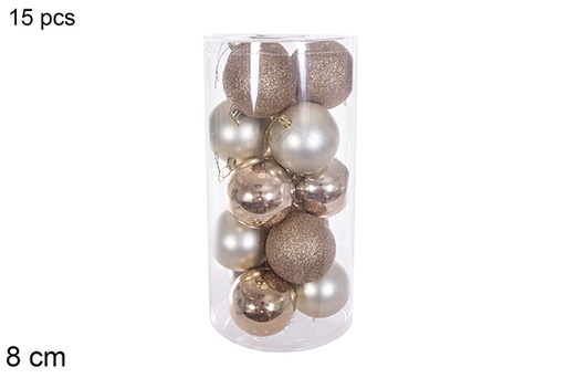 [116310] Pack 15 bolas champagne brillo/mate/purpurina cilindro 8 cm