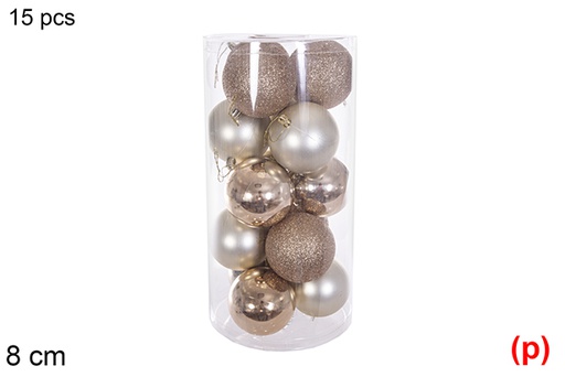 [116310] Pack 15 boules champagne brillantes/mates/pailletées dans un cylindre 8 cm