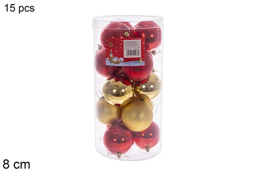 [116311] Pack 15 assorted gold/red gloss/matte/glitter balls in cylinder 8 cm