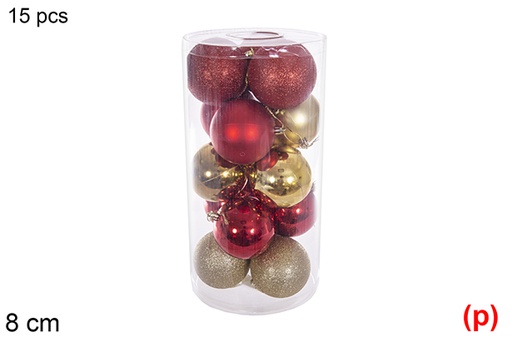 [116311] Pack 15 bolas sortidas de dourado/vermelho brilhante/mate/glitter em cilindro 8 cm