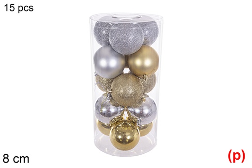 [116312] Pack 15 bolas sortidas de ouro/prata brilhantes/foscas/glitter em cilindro 8 cm