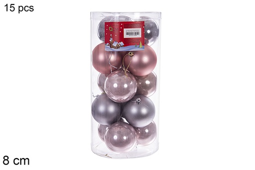 [116313] Pack 15 rose gold/grey glossy/matte balls assorted cylinder 8 cm