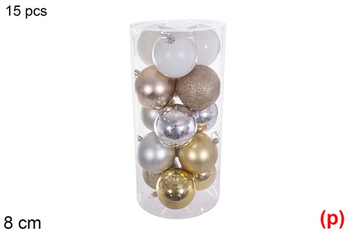 [116315] Pack 15 bolas oro/plata/champagne brillo/mate/purpurina surtidos cilindro 8 cm