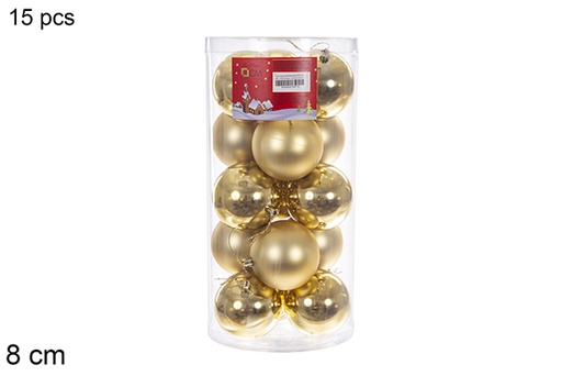 [116316] Pack 15 boules dorées brillantes/mat assorties cylindre 8 cm