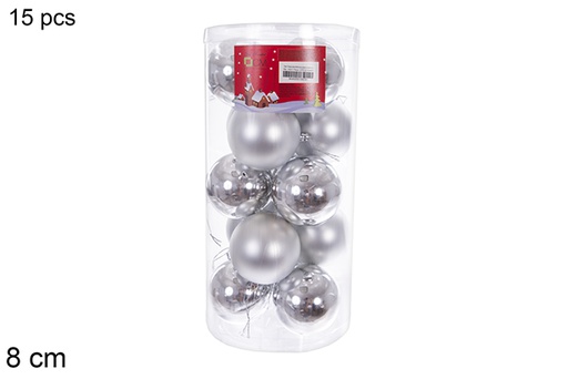 [116317] Pack 15 boules assorties argent brillant/mat cylindre 8 cm