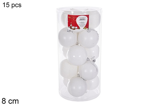 [116318] Pack 15 boules blanches brillantes/mates assorties en cylindre 8 cm