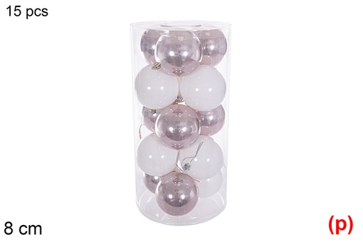 [116320] Pack 15 assorted rose gold/white gloss/matte/glitter balls cylinder 8 cm