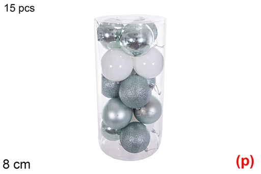 [116321] Pack 15 boules assorties vert menthe/blanc brillant/mat/paillettes cylindre 8 cm