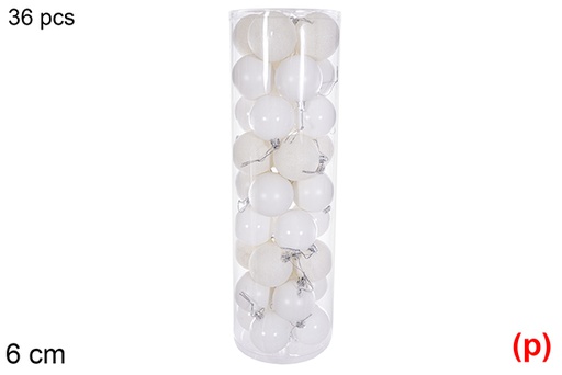 [116324] Pack 36 boules blanches brillantes/mates/pailletées cylindre 6 cm