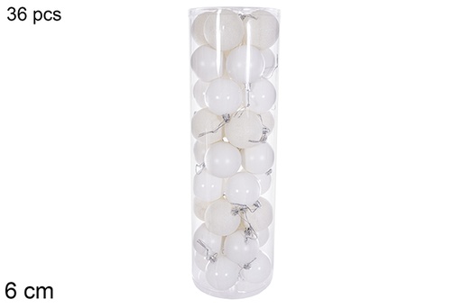 [116324] Pack 36 boules blanches brillantes/mates/pailletées cylindre 6 cm
