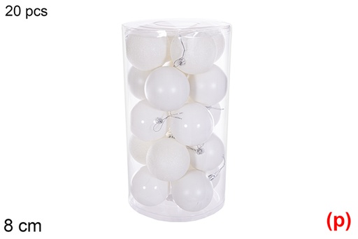 [116339] Pack 20 boules blanches brillantes/mates/pailletées cylindre 8 cm