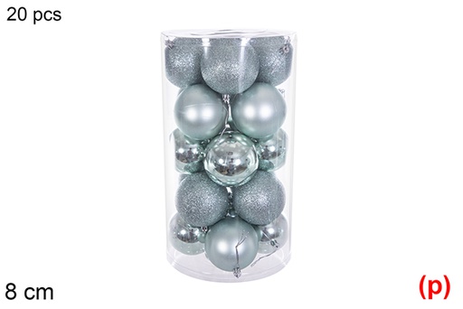 [116341] Pack 20 boules vert menthe brillant/mat/paillettes cylindre 8 cm