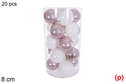 [116342] Pack 20 bolas oro rosa/blanca brillo cilindro 8 cm