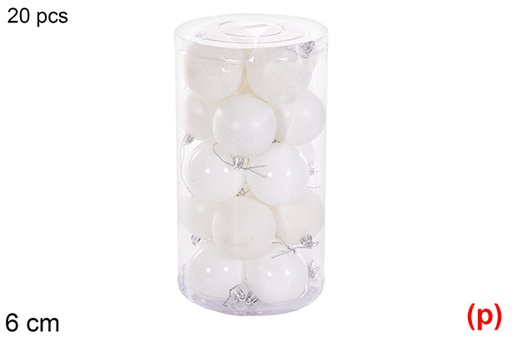 [116347] Pack 20 boules blanc brillant/mat/paillettes cylindre 6 cm