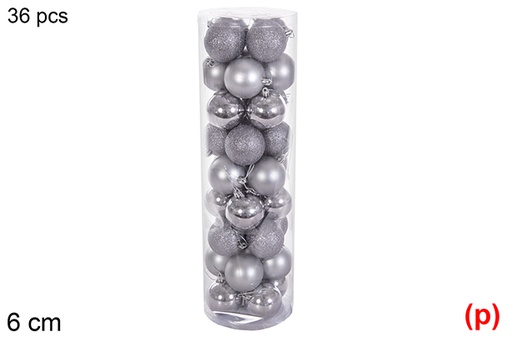 [116355] Pack 36 palline grigio lucido/opaco/glitter cilindro 6 cm