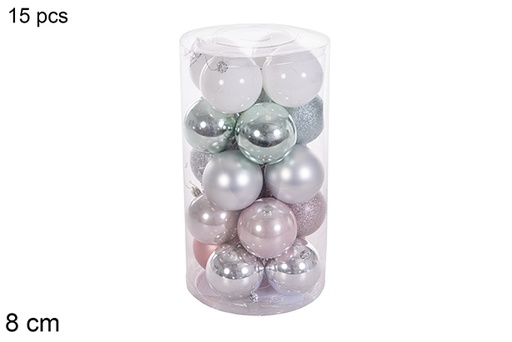 [116357] Pack 15 boules or rose/argent/vert menthe/blanc brillant/mat/paillettes dans un cylindre 8 cm