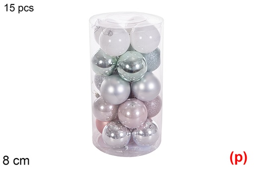 [116357] Pack 15 boules or rose/argent/vert menthe/blanc brillant/mat/paillettes dans un cylindre 8 cm